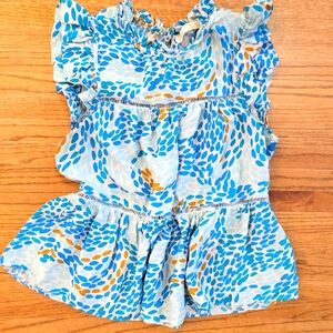 Marie Oliver 100% Silk Teal With Orange Highlights On White Background Blouse